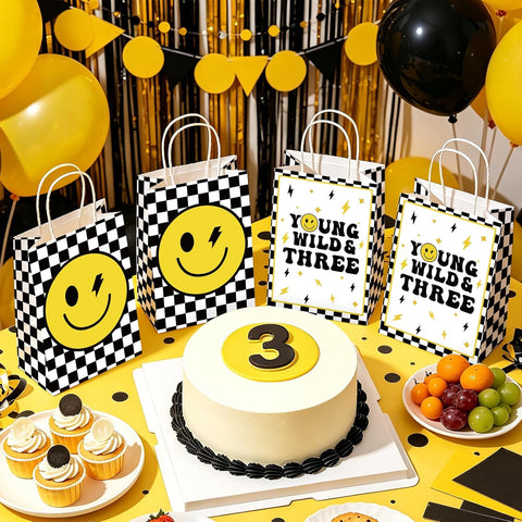 16Pcs Young Wild and Three Birthday Party Favor Bags Yellow Smile Face Goodie Bags image 6