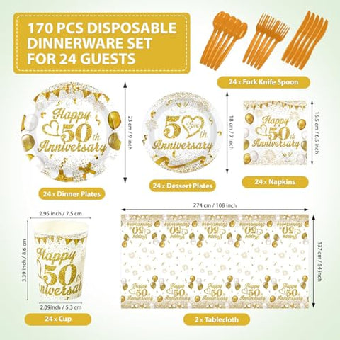 170 Pcs 50th Wedding Anniversary Plates Napkins Cups Forks Tablecloth - Grencian
