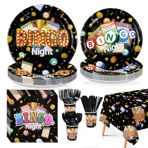 170 Pcs Bingo Plates Napkins Cups Forks Tablecloth - Grencian