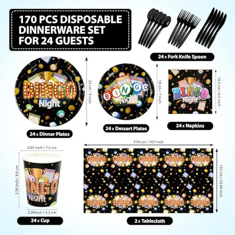 170 Pcs Bingo Plates Napkins Cups Forks Tablecloth - Grencian