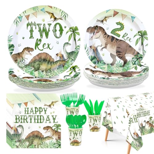 170 Pcs Dinosaur 2nd Birthday Plates Napkins Cups Forks Tablecloth - Grencian
