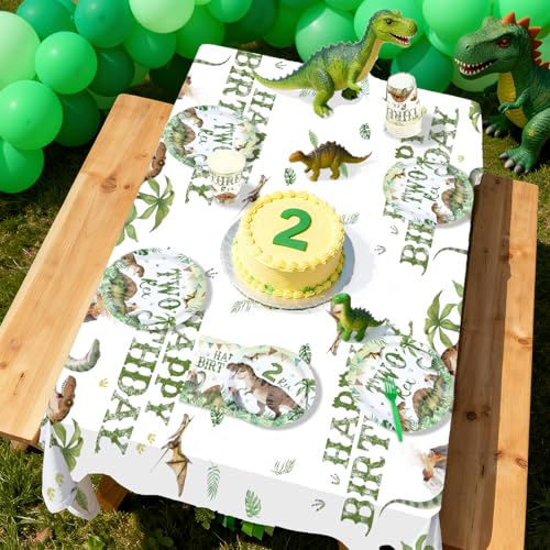 170 Pcs Dinosaur 2nd Birthday Plates Napkins Cups Forks Tablecloth - Grencian