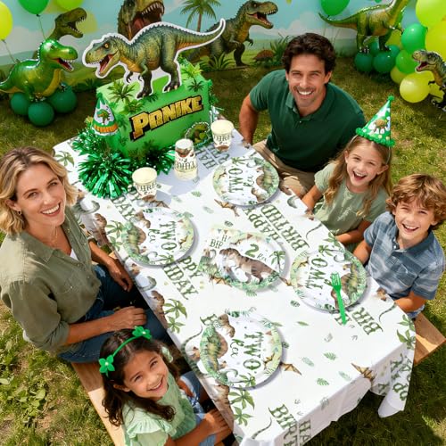 170 Pcs Dinosaur 2nd Birthday Plates Napkins Cups Forks Tablecloth - Grencian
