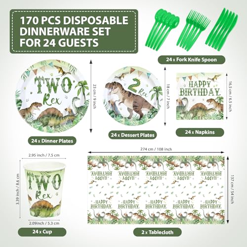 170 Pcs Dinosaur 2nd Birthday Plates Napkins Cups Forks Tablecloth - Grencian