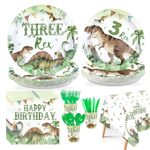 170 Pcs Dinosaur 3rd Birthday Plates Napkins Cups Forks Tablecloth - Grencian