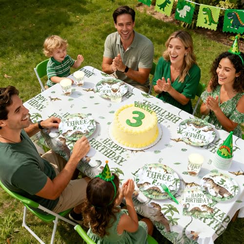 170 Pcs Dinosaur 3rd Birthday Plates Napkins Cups Forks Tablecloth - Grencian