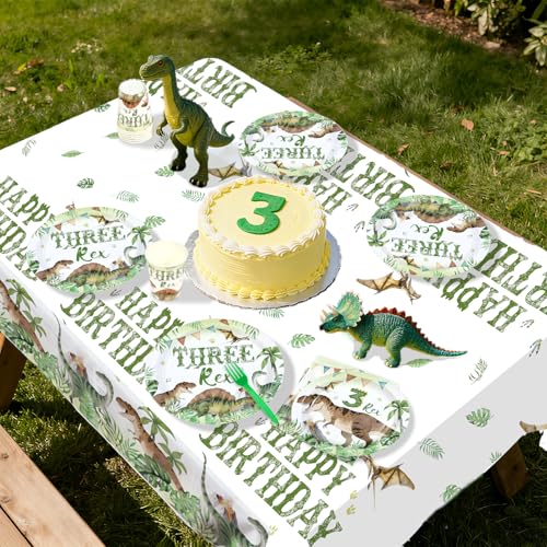 170 Pcs Dinosaur 3rd Birthday Plates Napkins Cups Forks Tablecloth - Grencian
