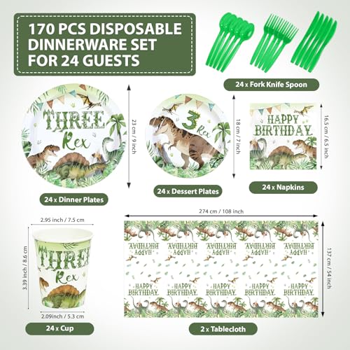 170 Pcs Dinosaur 3rd Birthday Plates Napkins Cups Forks Tablecloth - Grencian