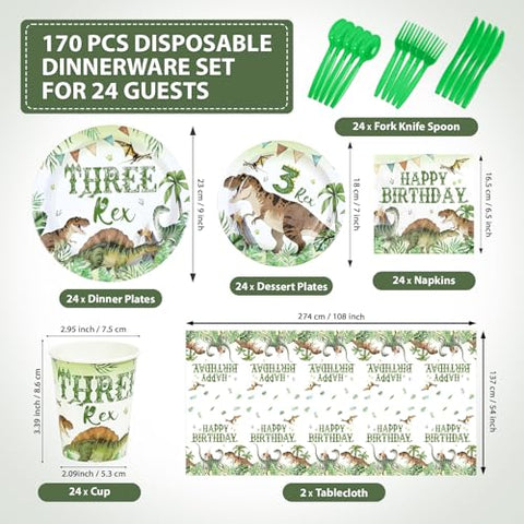 170 Pcs Dinosaur 3rd Birthday Plates Napkins Cups Forks Tablecloth - Grencian