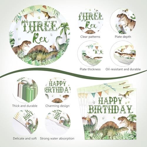 170 Pcs Dinosaur 3rd Birthday Plates Napkins Cups Forks Tablecloth - Grencian