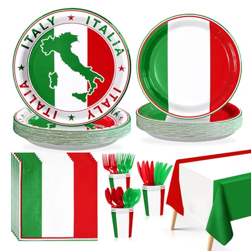 170 Pcs Italian Flag Plates Napkins Cups Forks Tablecloth - Grencian