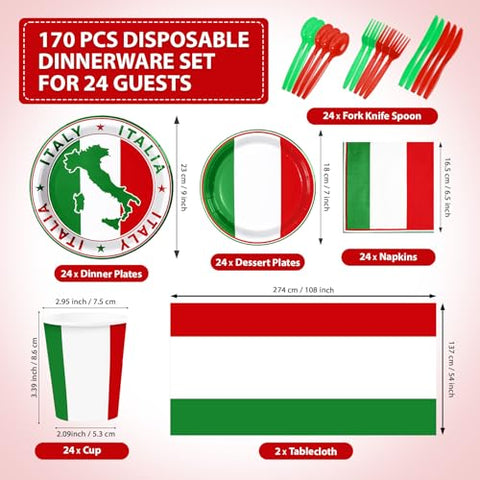 170 Pcs Italian Flag Plates Napkins Cups Forks Tablecloth - Grencian