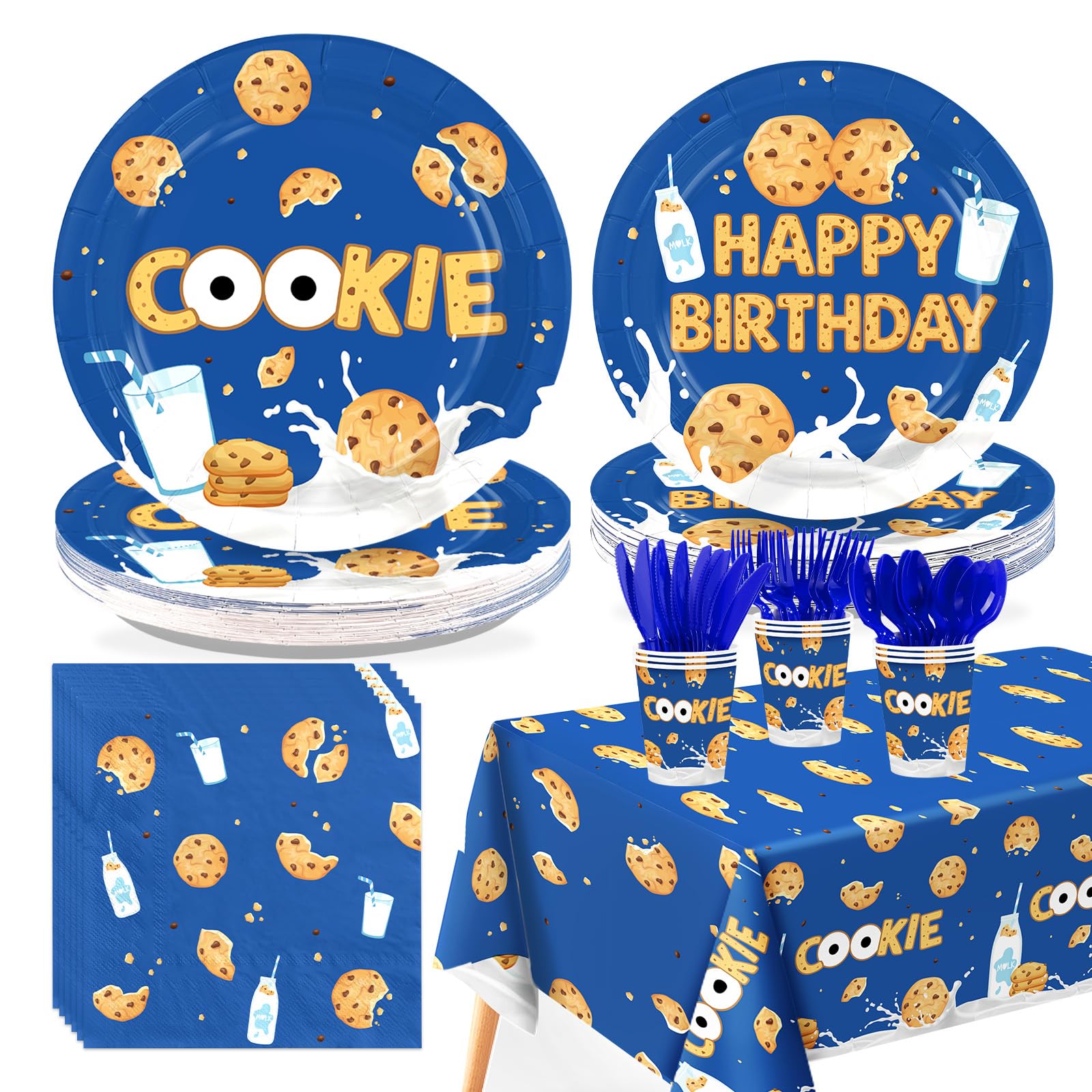 170 Pcs Milk and Cookies Birthday Plates Napkins Cups Forks Tablecloth - Grencian