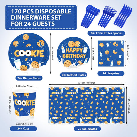 170 Pcs Milk and Cookies Birthday Plates Napkins Cups Forks Tablecloth - Grencian
