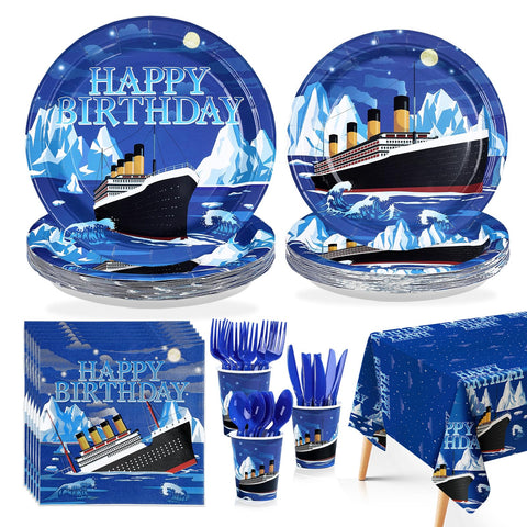170 Pcs Nautical Birthday Plates Napkins Cups Forks Tablecloth - Grencian