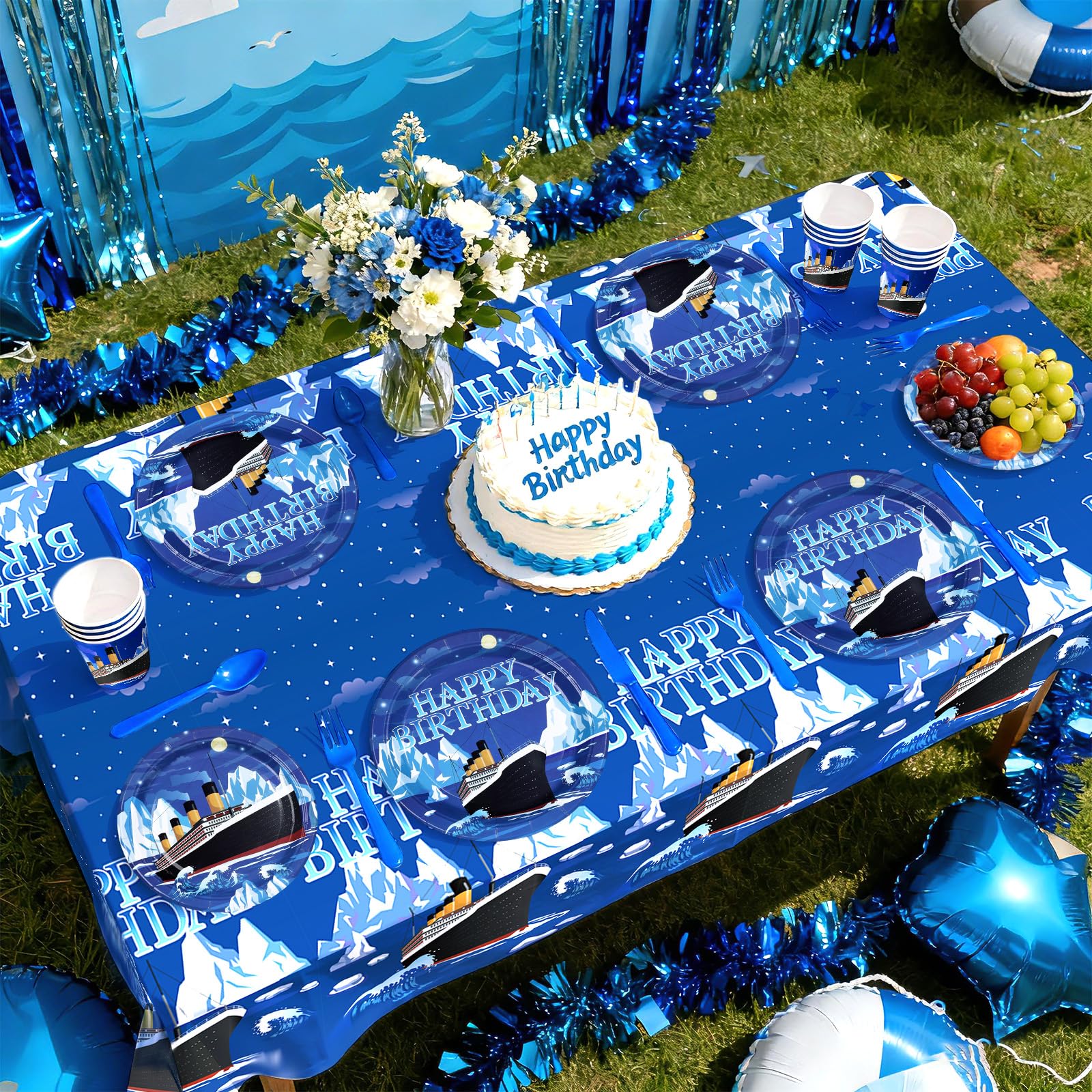 170 Pcs Nautical Birthday Plates Napkins Cups Forks Tablecloth - Grencian