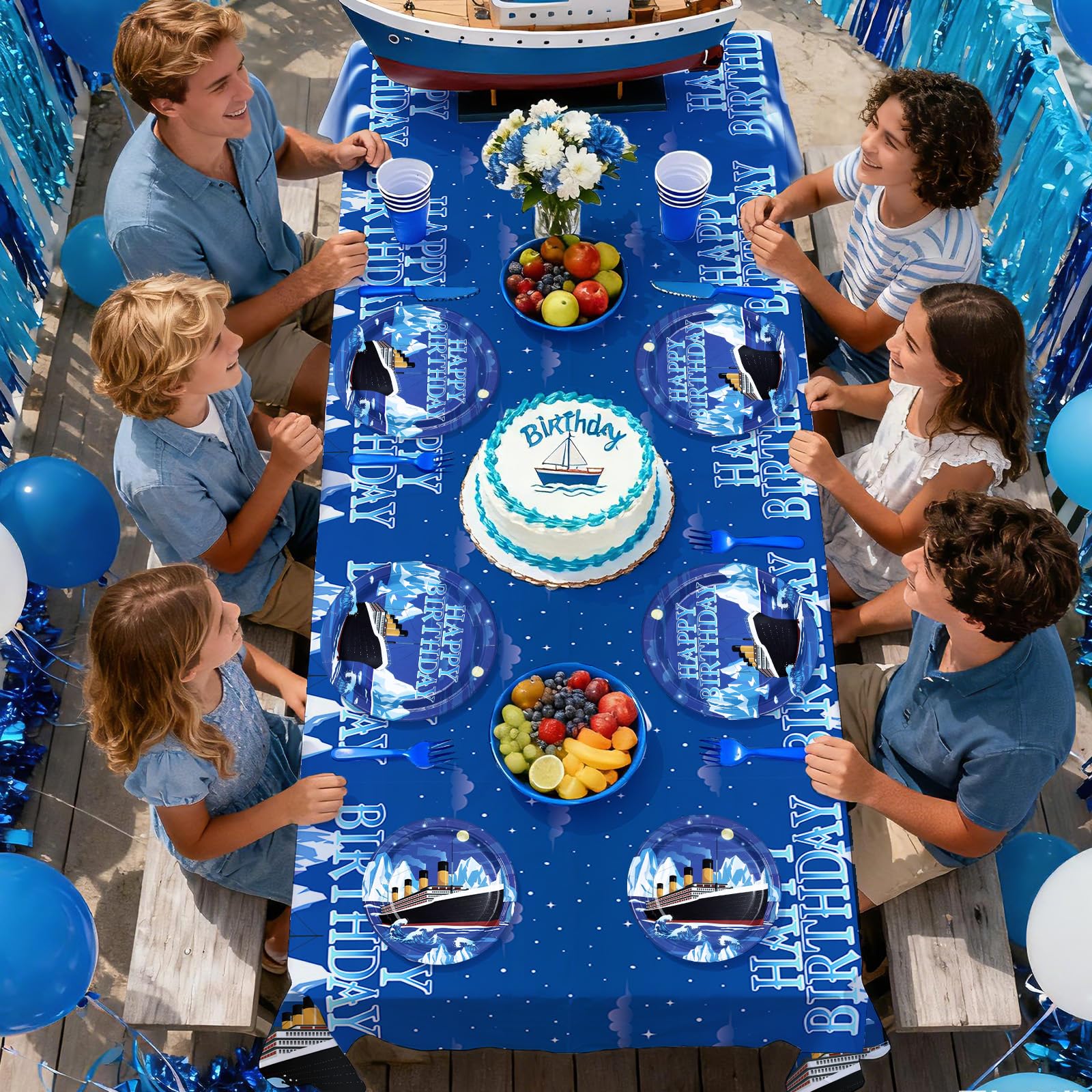 170 Pcs Nautical Birthday Plates Napkins Cups Forks Tablecloth - Grencian