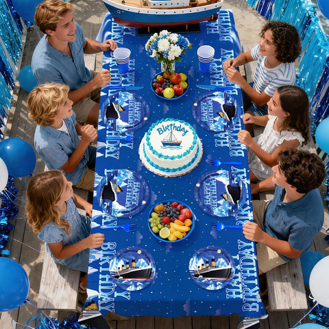 170 Pcs Nautical Birthday Plates Napkins Cups Forks Tablecloth - Grencian