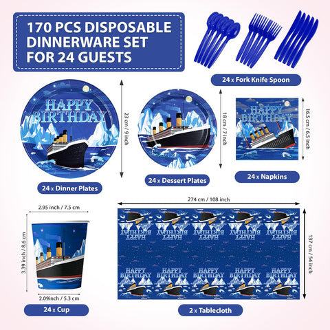 170 Pcs Nautical Birthday Plates Napkins Cups Forks Tablecloth - Grencian