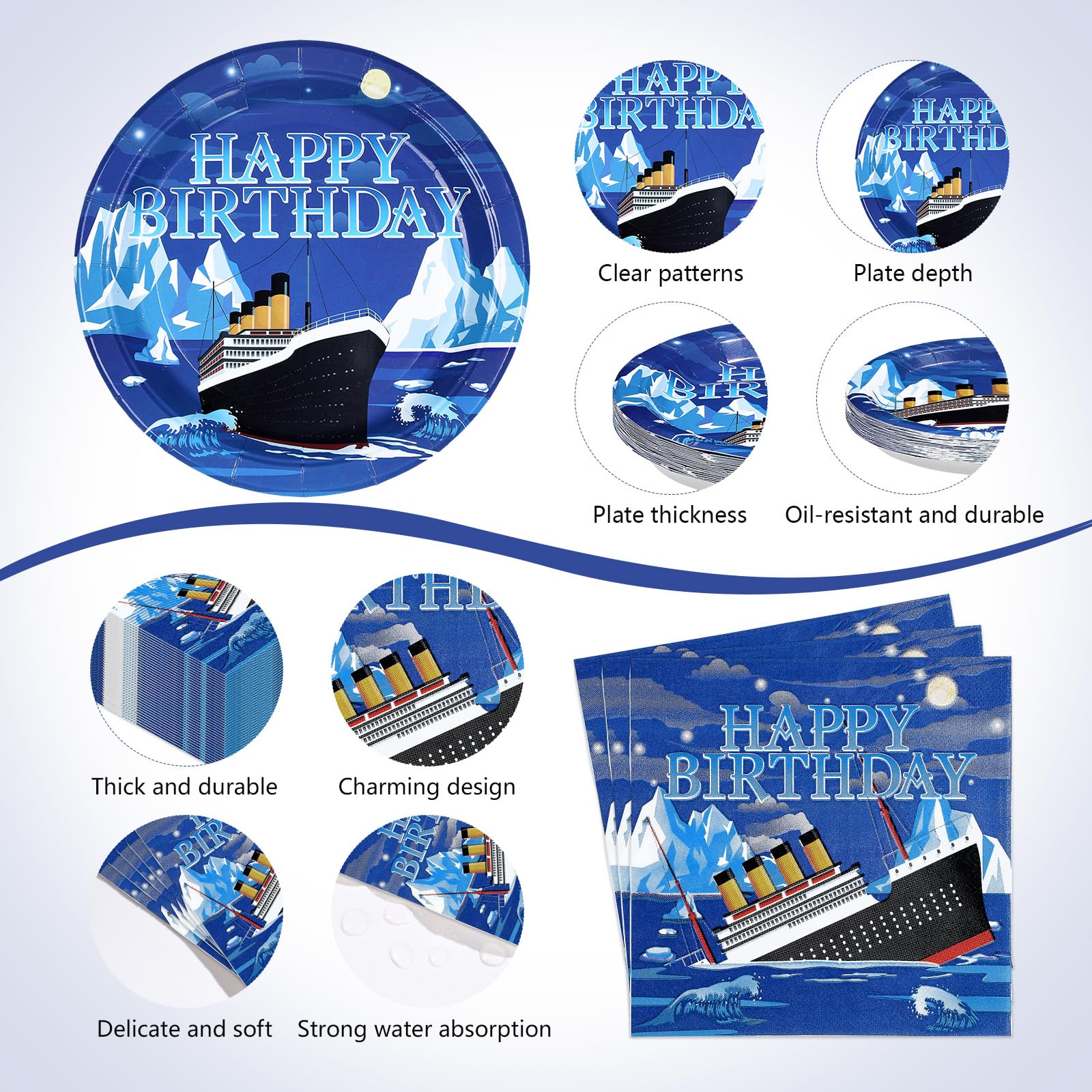 170 Pcs Nautical Birthday Plates Napkins Cups Forks Tablecloth - Grencian