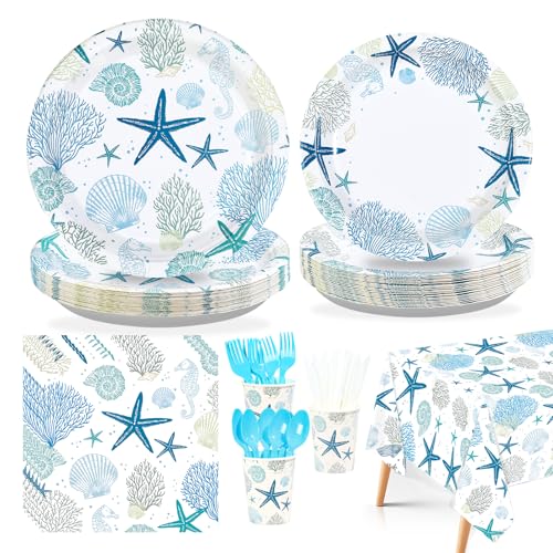 170 Pcs Ocean Coral Plates Napkins Cups Forks Tablecloth - Grencian