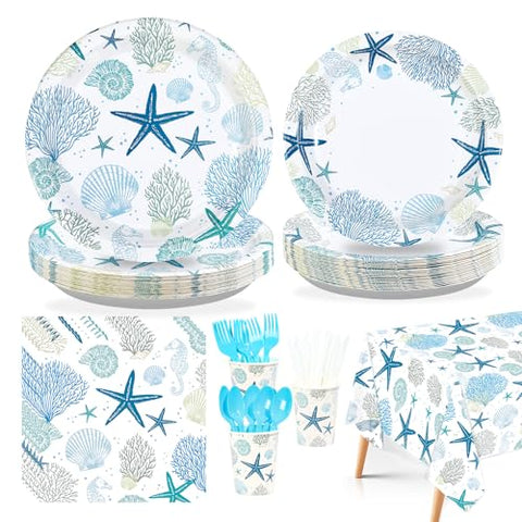 170 Pcs Ocean Coral Plates Napkins Cups Forks Tablecloth - Grencian