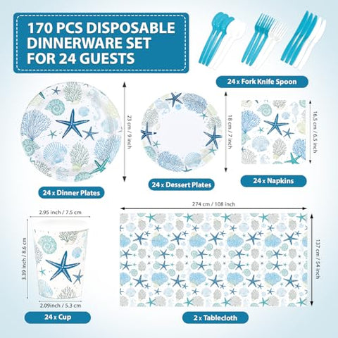 170 Pcs Ocean Coral Plates Napkins Cups Forks Tablecloth - Grencian