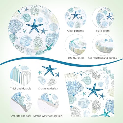 170 Pcs Ocean Coral Plates Napkins Cups Forks Tablecloth - Grencian