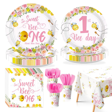 170 Pcs Pink Bee 1st Birthday Plates Napkins Cups Forks Tablecloth
