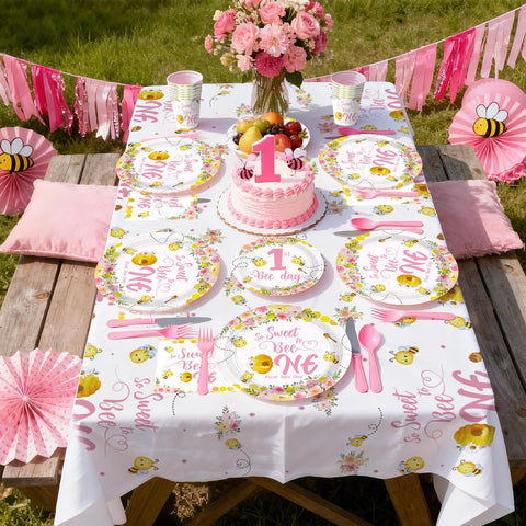 170 Pcs Pink Bee 1st Birthday Plates Napkins Cups Forks Tablecloth