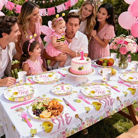 170 Pcs Pink Bee 1st Birthday Plates Napkins Cups Forks Tablecloth