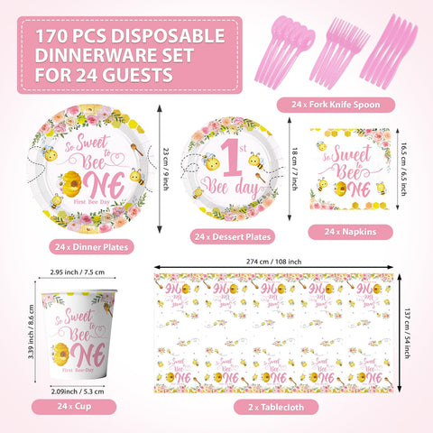 170 Pcs Pink Bee 1st Birthday Plates Napkins Cups Forks Tablecloth