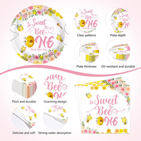 170 Pcs Pink Bee 1st Birthday Plates Napkins Cups Forks Tablecloth