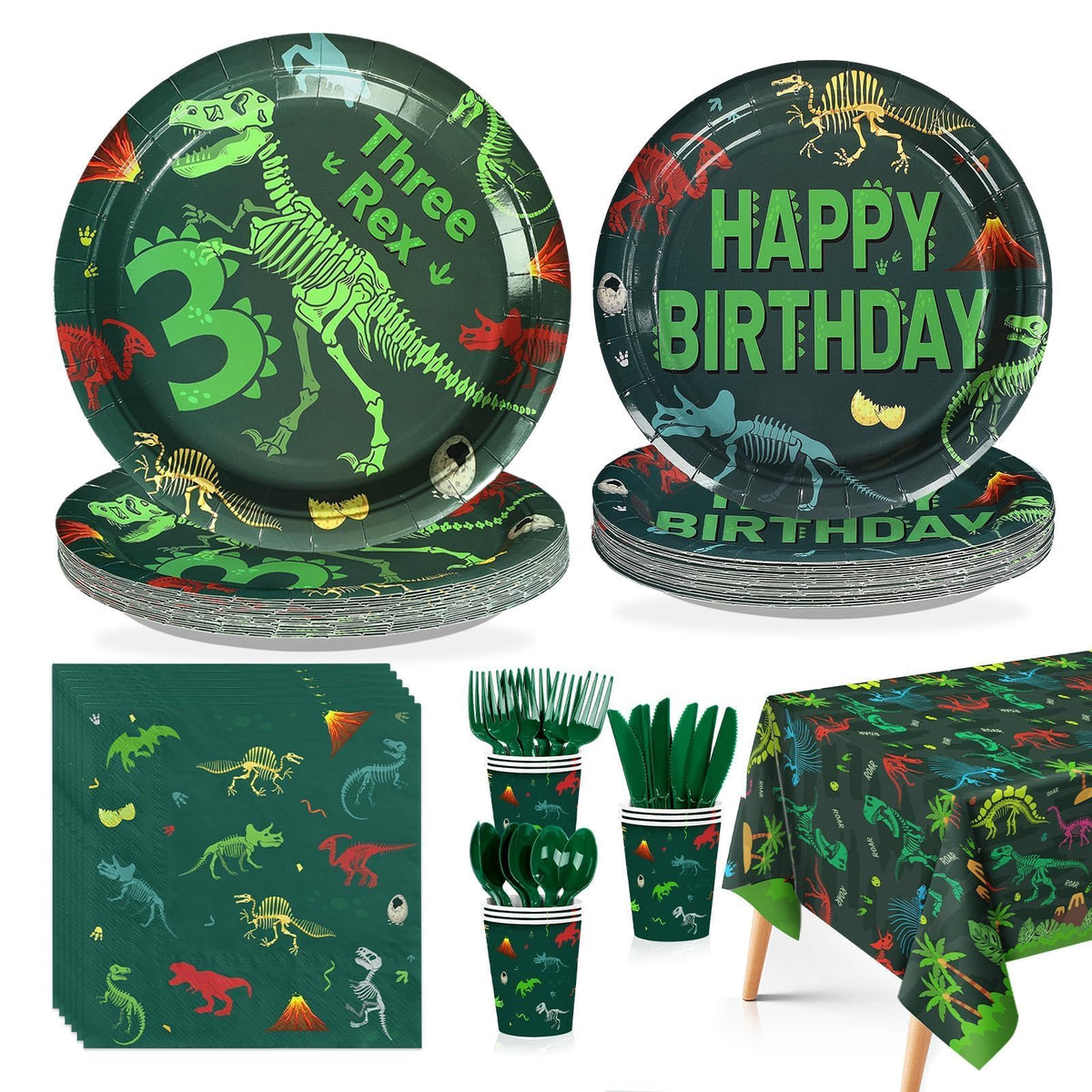 170 Pcs Rex Dinosaur 3rd Birthday Plates Napkins Cups Forks Tablecloth - Grencian