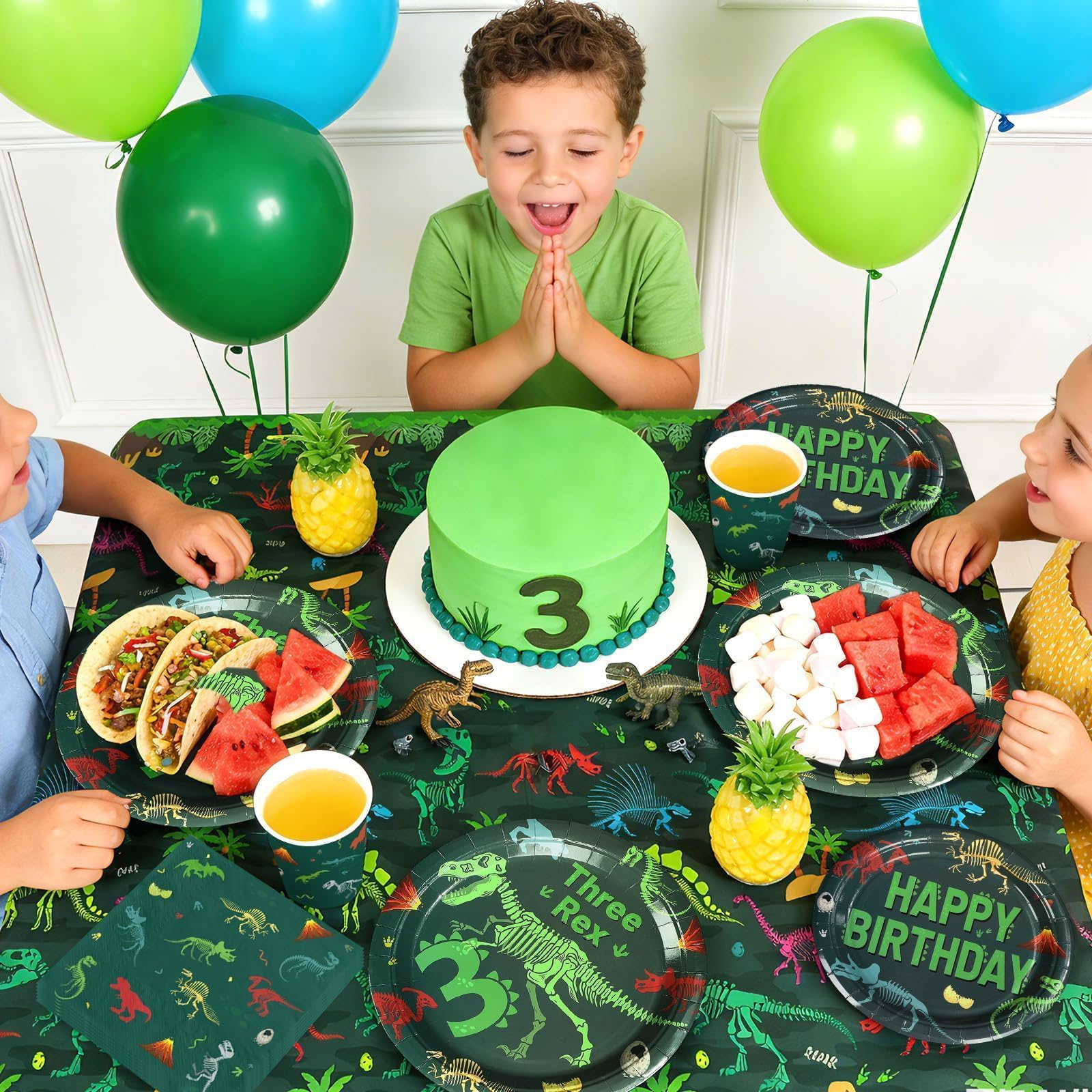 170 Pcs Rex Dinosaur 3rd Birthday Plates Napkins Cups Forks Tablecloth - Grencian