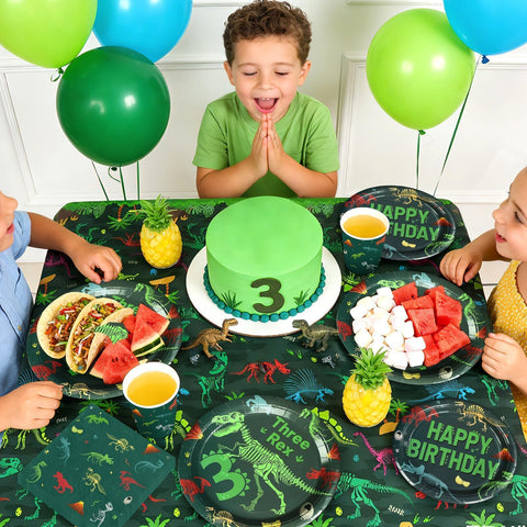 170 Pcs Rex Dinosaur 3rd Birthday Plates Napkins Cups Forks Tablecloth - Grencian