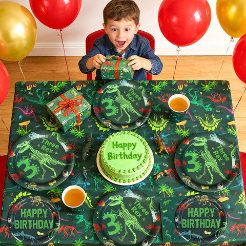 170 Pcs Rex Dinosaur 3rd Birthday Plates Napkins Cups Forks Tablecloth - Grencian