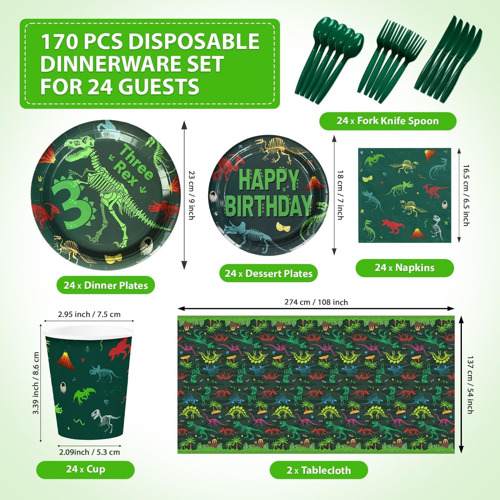 170 Pcs Rex Dinosaur 3rd Birthday Plates Napkins Cups Forks Tablecloth - Grencian
