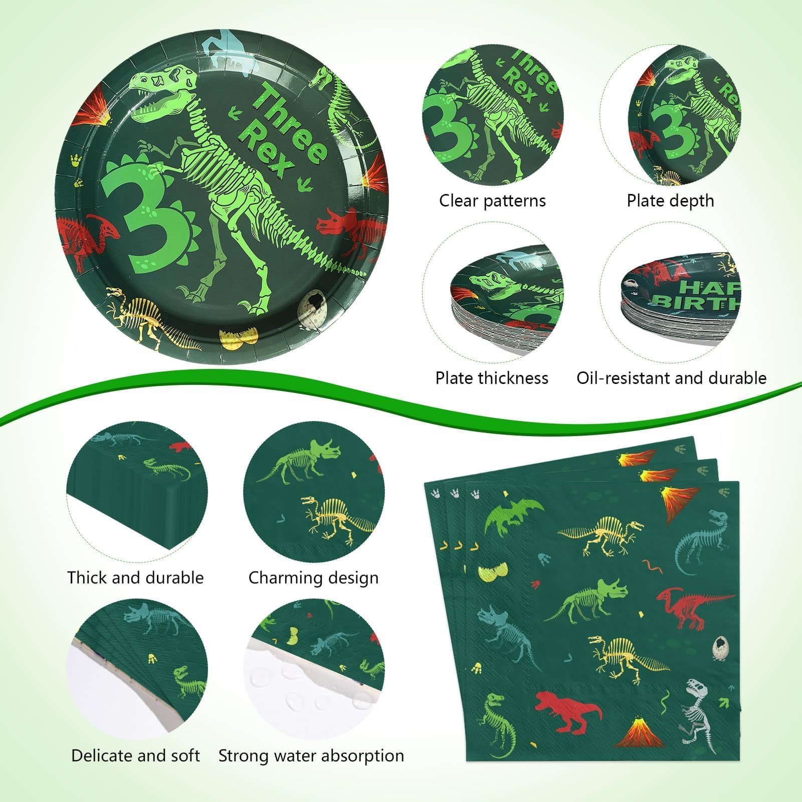 170 Pcs Rex Dinosaur 3rd Birthday Plates Napkins Cups Forks Tablecloth - Grencian