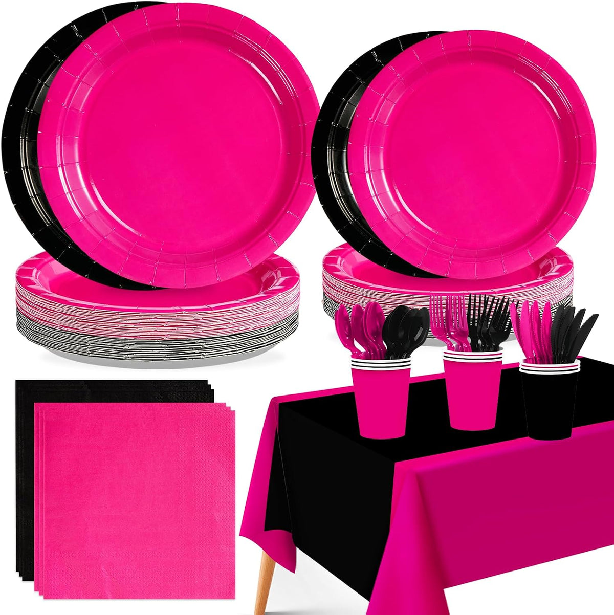 170Pcs Hot Pink Black Theme Party Decorations Tableware Serves 24 - Grencian