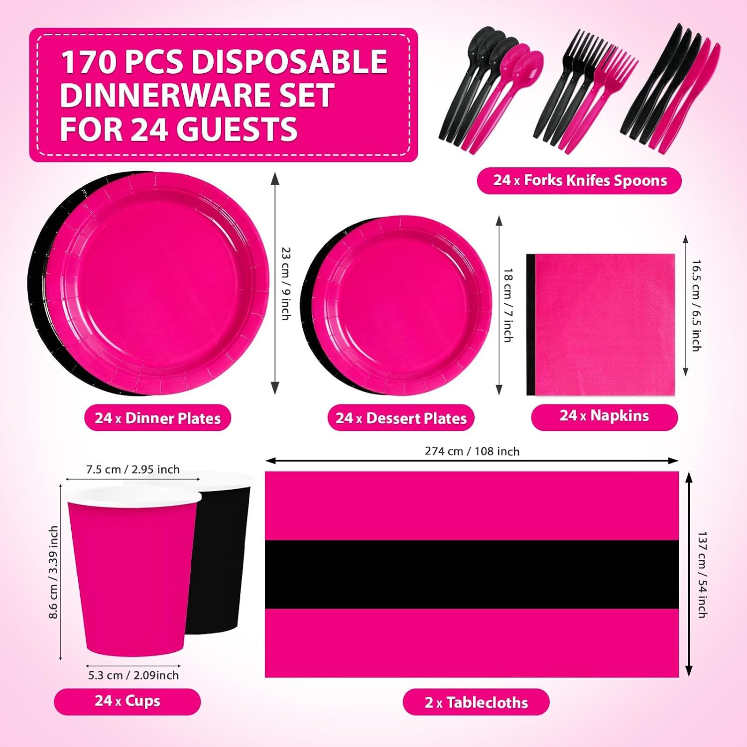 170Pcs Hot Pink Black Theme Party Decorations Tableware Serves 24 - Grencian