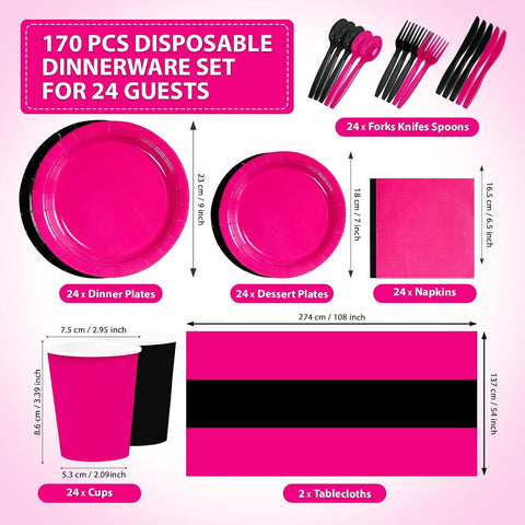 170Pcs Hot Pink Black Theme Party Decorations Tableware Serves 24 - Grencian