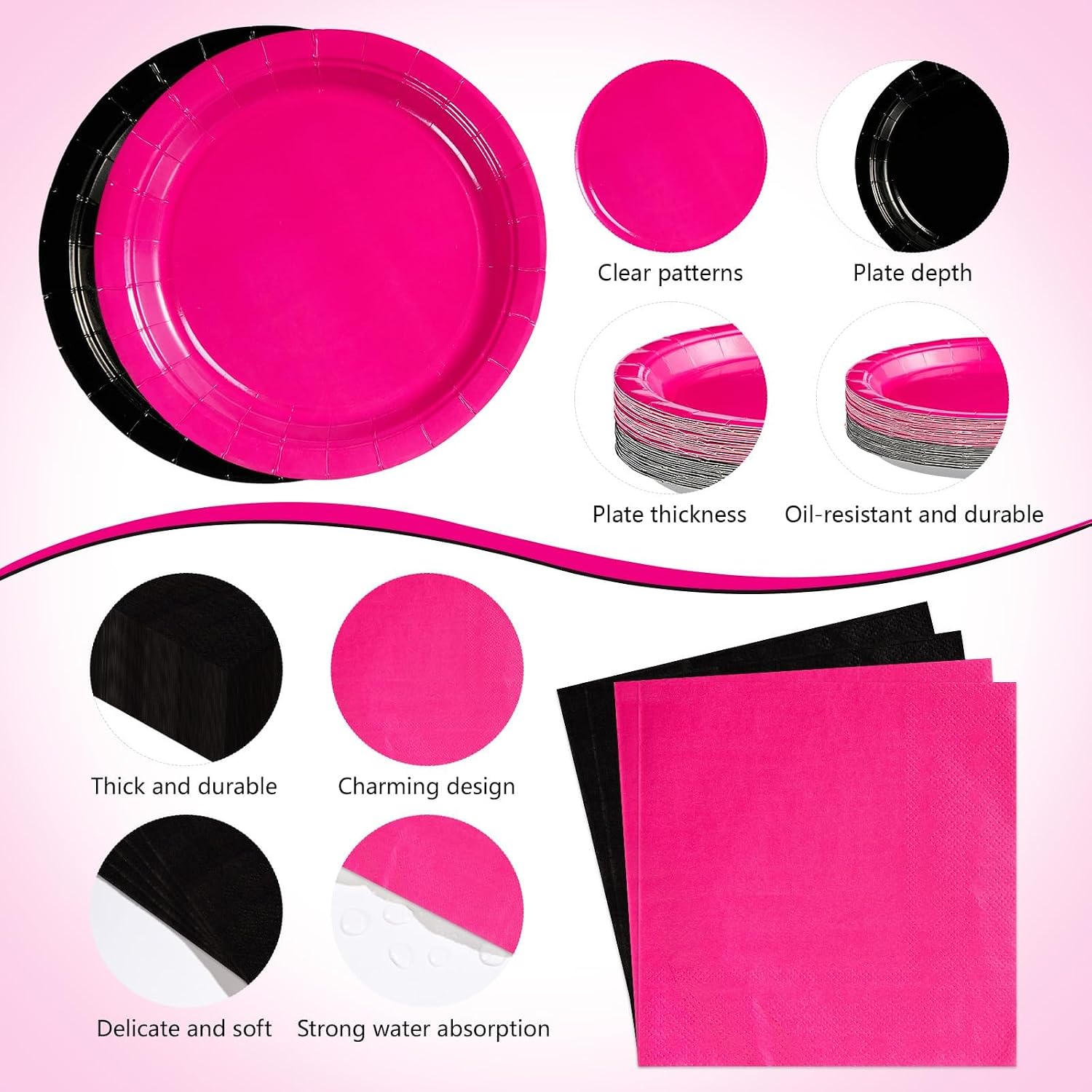 170Pcs Hot Pink Black Theme Party Decorations Tableware Serves 24 - Grencian