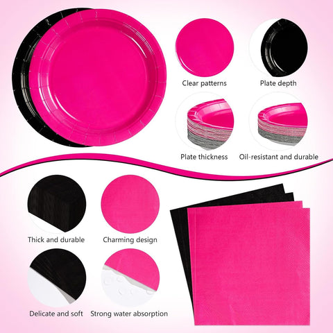 170Pcs Hot Pink Black Theme Party Decorations Tableware Serves 24 - Grencian