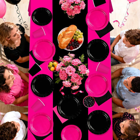 170Pcs Hot Pink Black Theme Party Decorations Tableware Serves 24 - Grencian