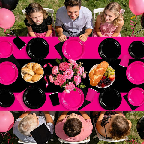 170Pcs Hot Pink Black Theme Party Decorations Tableware Serves 24 - Grencian