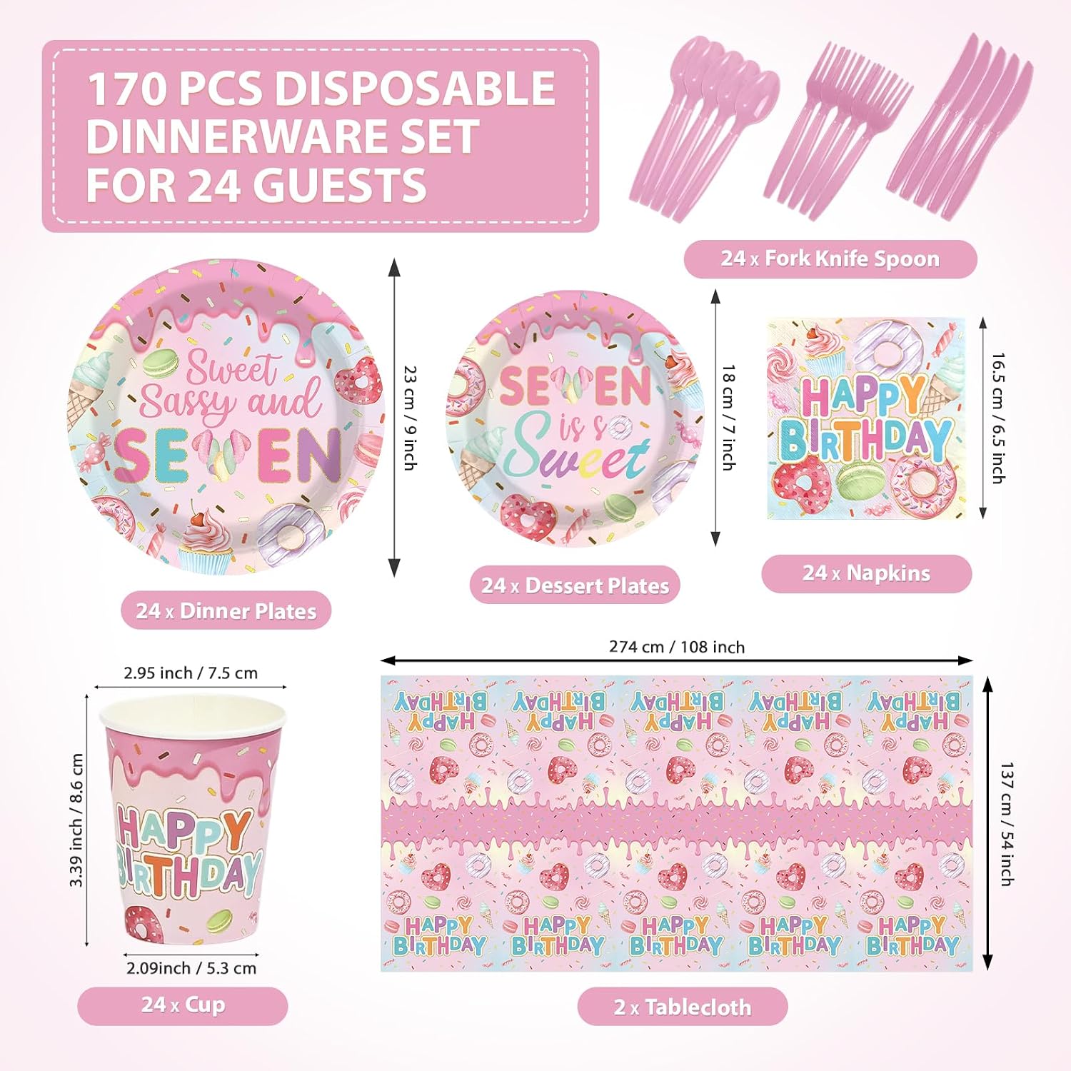170Pcs Sweet Sassy and 7 Birthday Party Decorations Tableware Serves 24 - Grencian