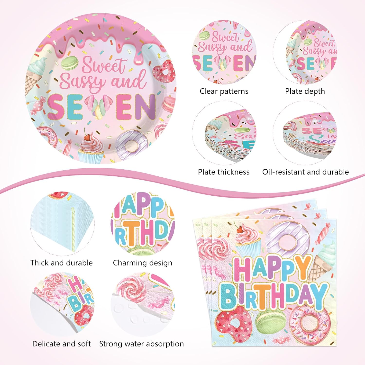 170Pcs Sweet Sassy and 7 Birthday Party Decorations Tableware Serves 24 - Grencian