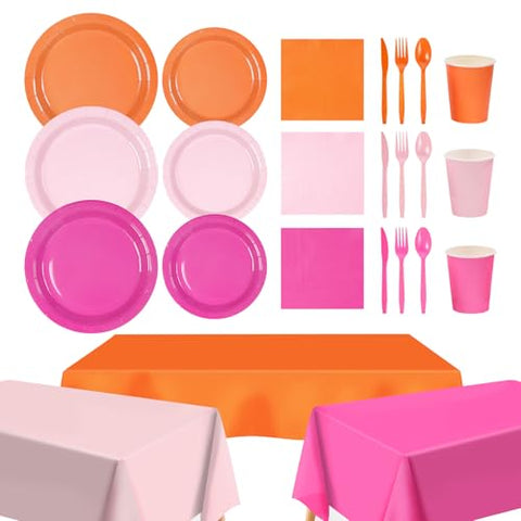 171 Pcs Pink Orange Plates Napkins Cups Forks Tablecloth