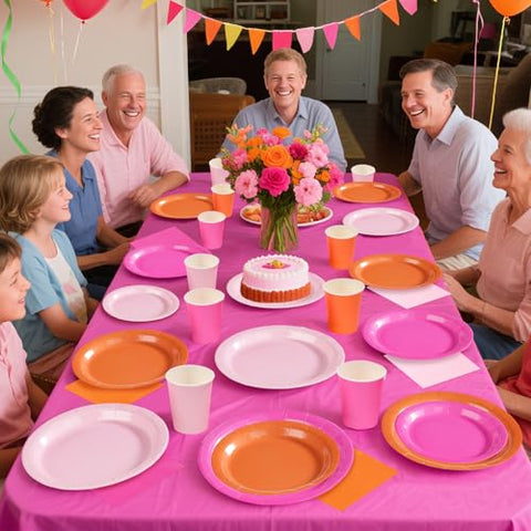 171 Pcs Pink Orange Plates Napkins Cups Forks Tablecloth